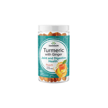 A container of Swanson Turmeric with Ginger 60 Gummies - Peach, designed for joint and digestive health. The container holds 60 vegan and gluten-free peach-flavored gummies.